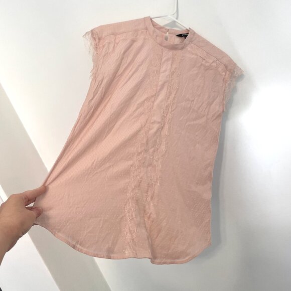 EXPRESS Light Baby Pink Textured Swiss Dot Lace Trim High Neck Coquette Blouse S - Picture 7 of 11